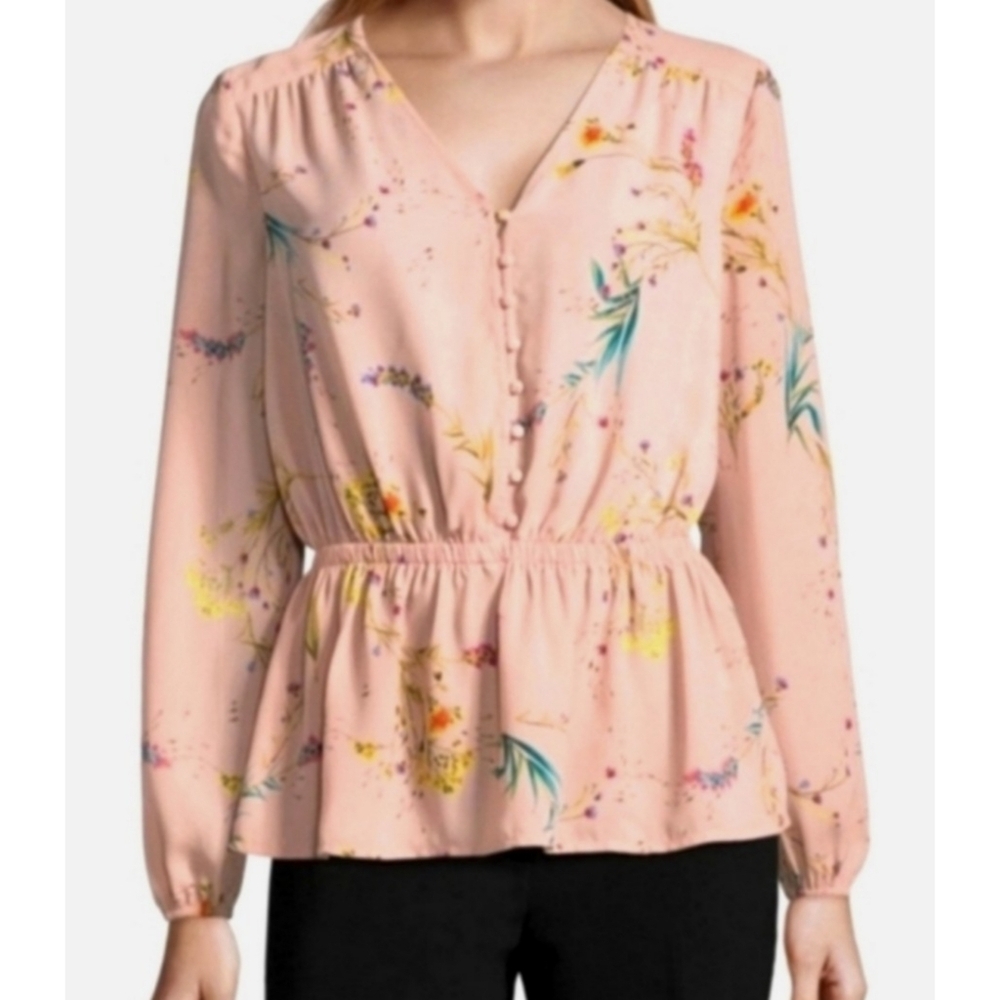 Worthington Floral Blouson Sleeve Vneck blouse Pink Size L